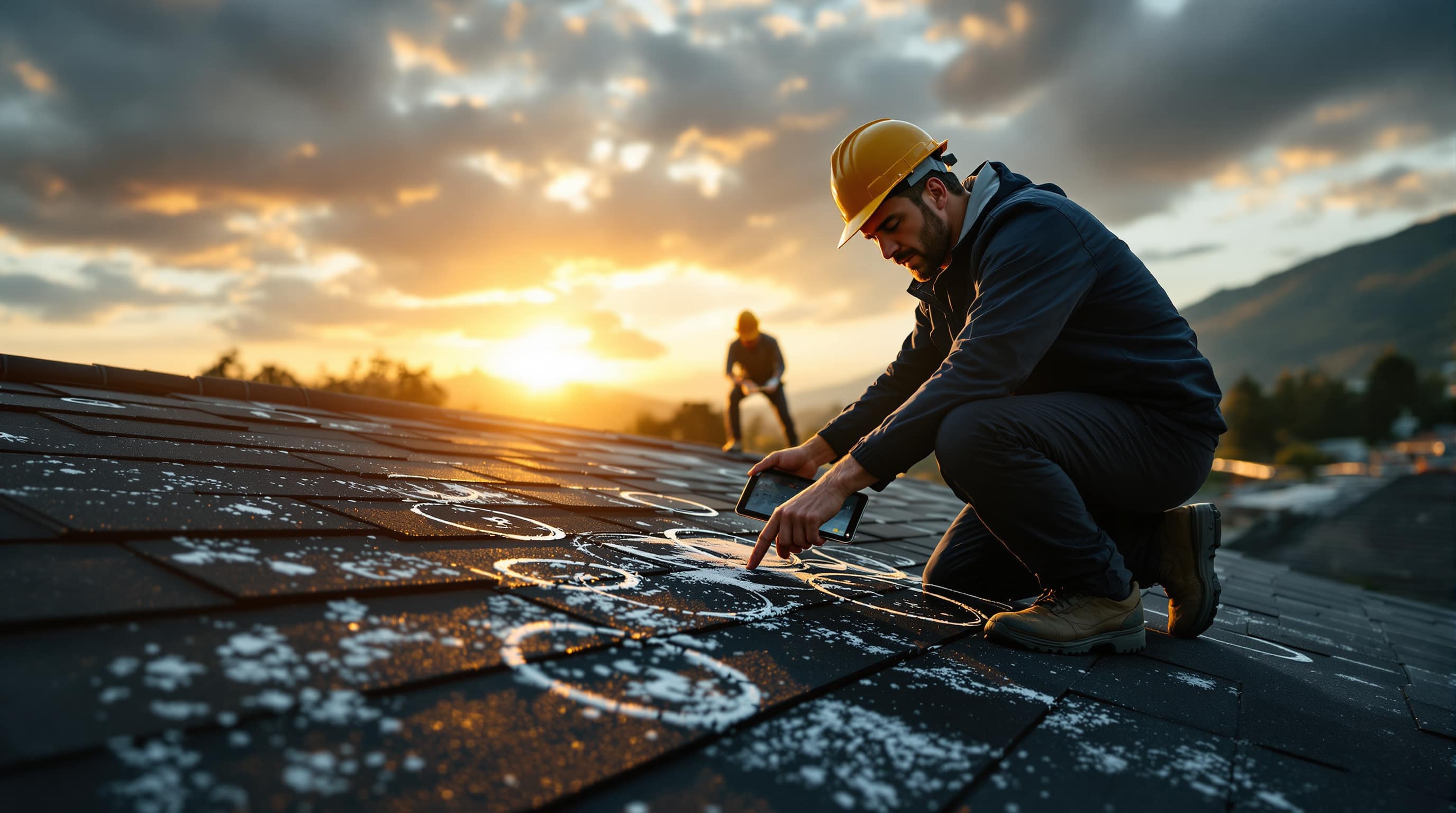 An inspector in a hard hat kneeling on a shingle roof at sunset, chalking hail marks while a second person looks on.