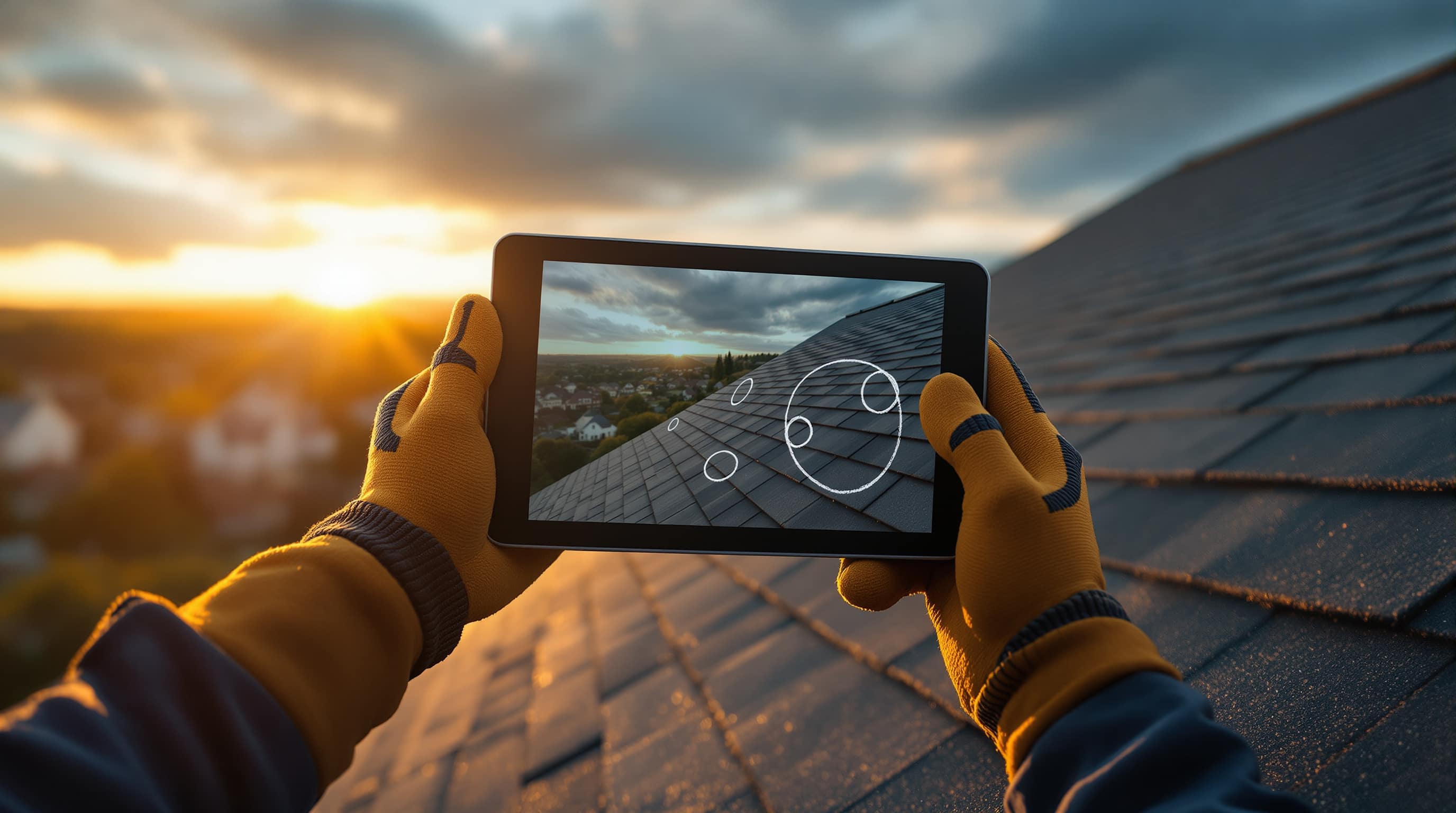 Gloved hands holding a tablet over a shingle roof, photographing marked hail damage at sunset.