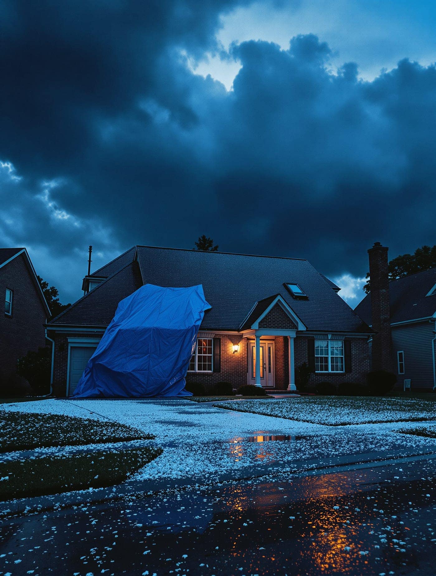 A brick North Carolina home at blue hour after a hailstorm: a blue tarp on the roof, one warm porch light.