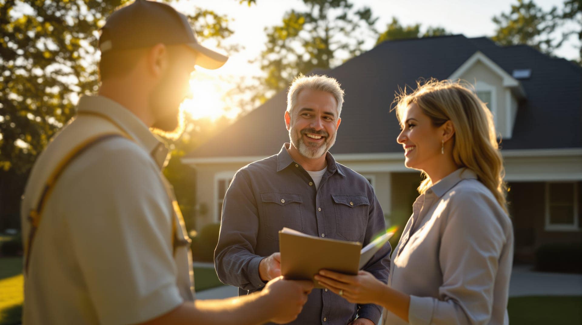 An estimator handing a folder to a smiling couple in front of their home at golden hour.