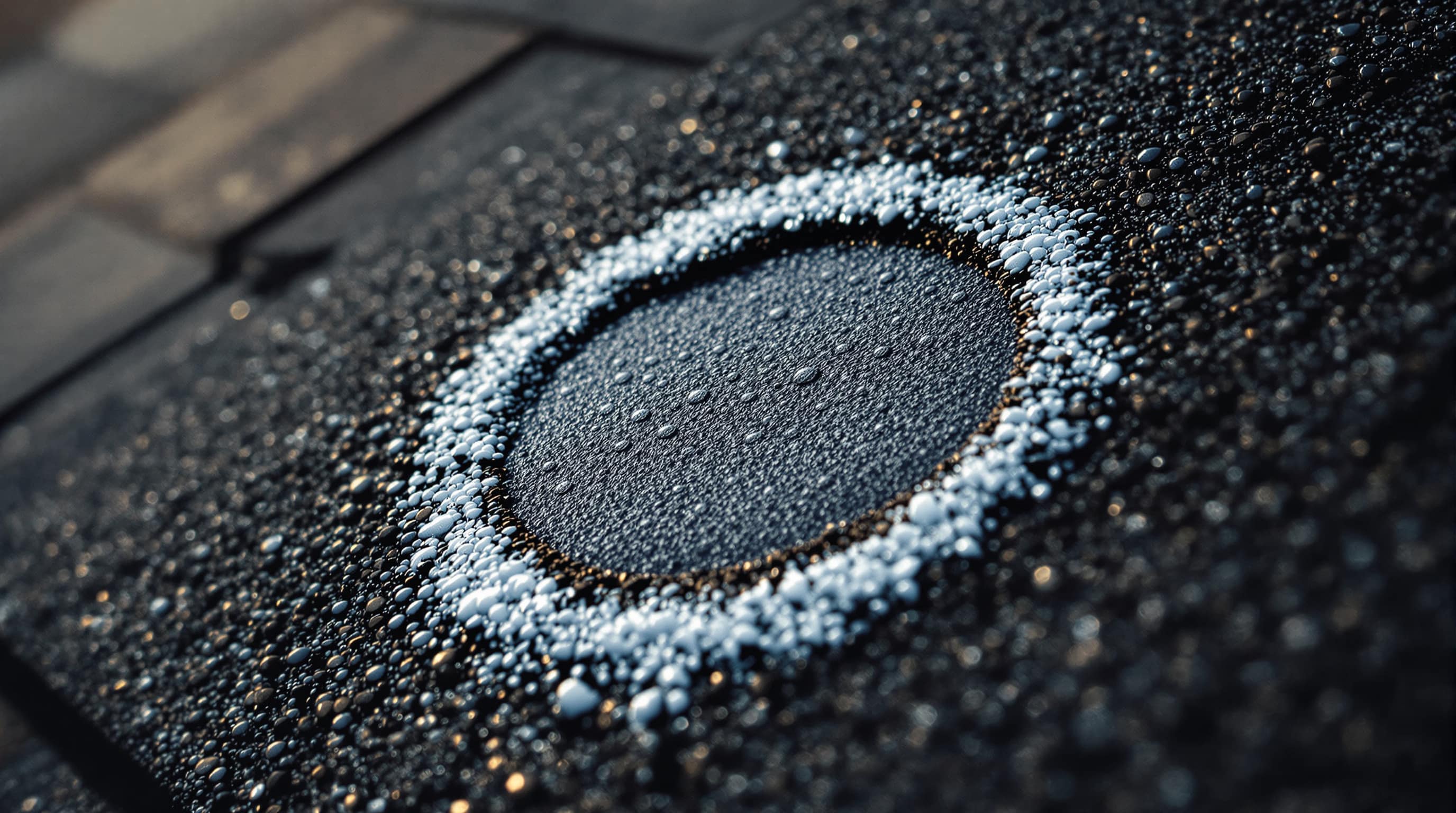 A hail strike on an asphalt shingle, circled in white chalk.