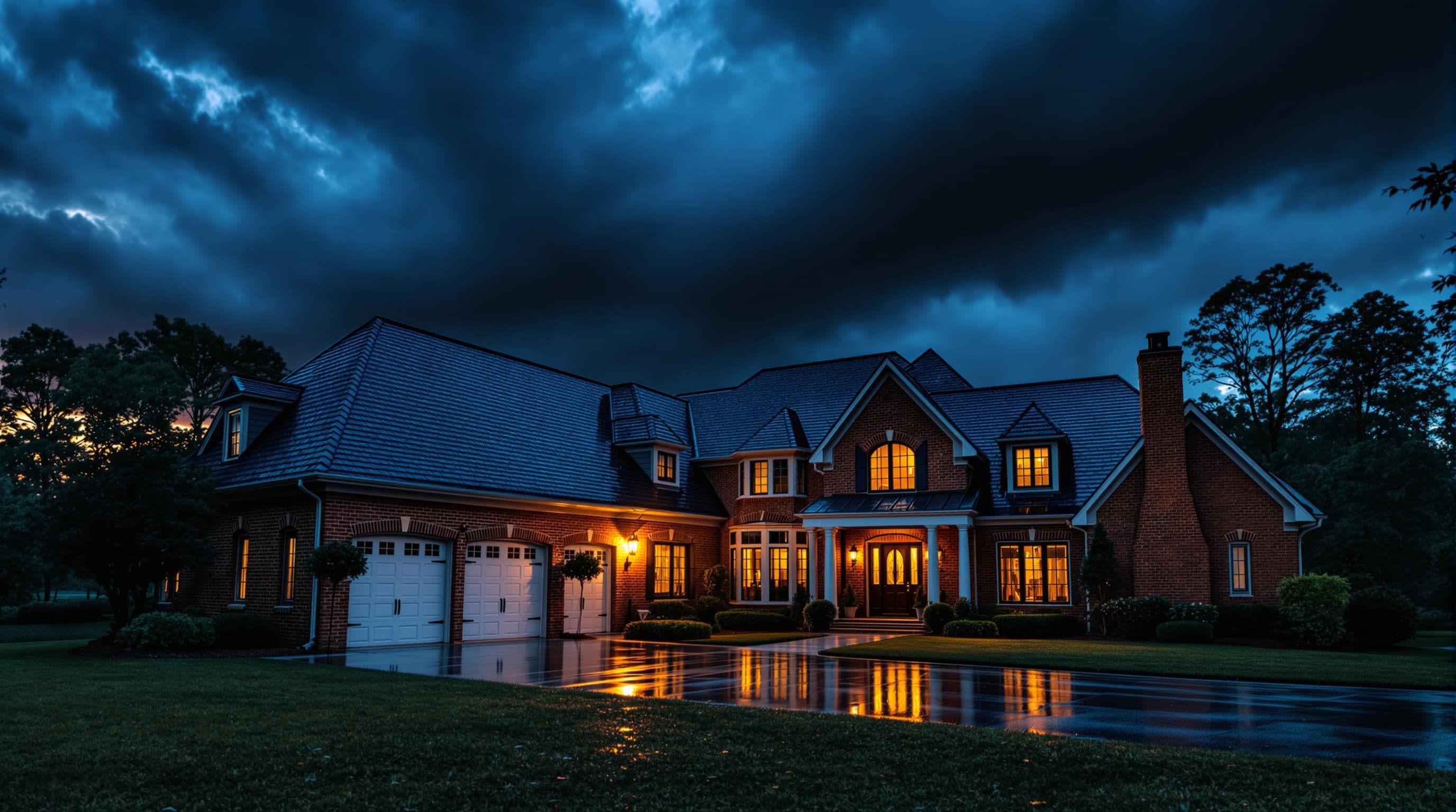 A two-story brick home at blue hour under clearing storm clouds, every window lit.