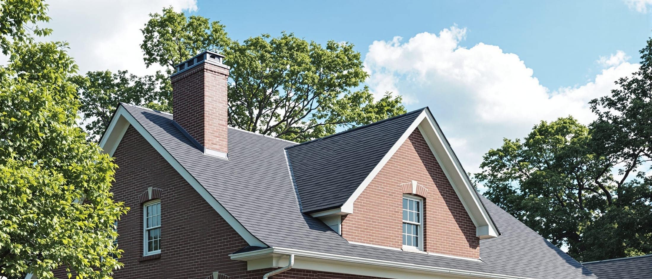 A new charcoal shingle roof on a two-story brick home under a clear blue sky.