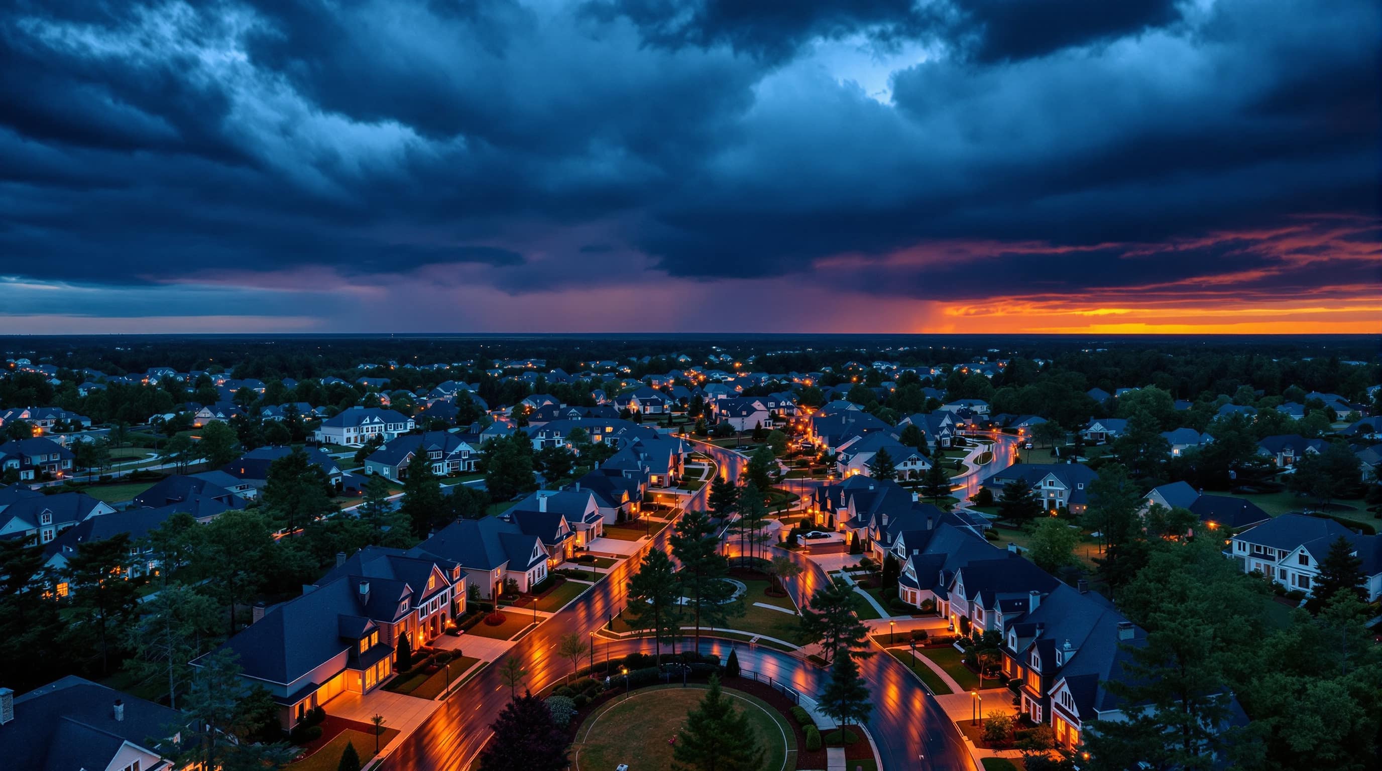 A neighborhood from above at dusk, storm clouds breaking over the streetlights.