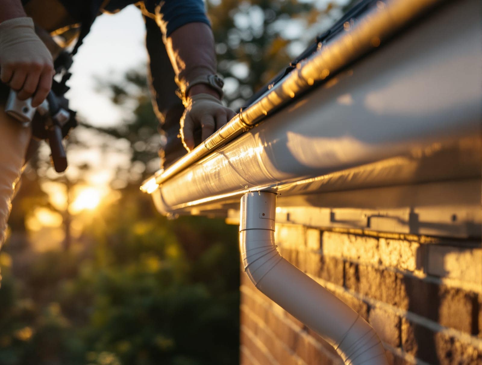 Gloved hands fitting a new seamless gutter and downspout on a brick home in late light.